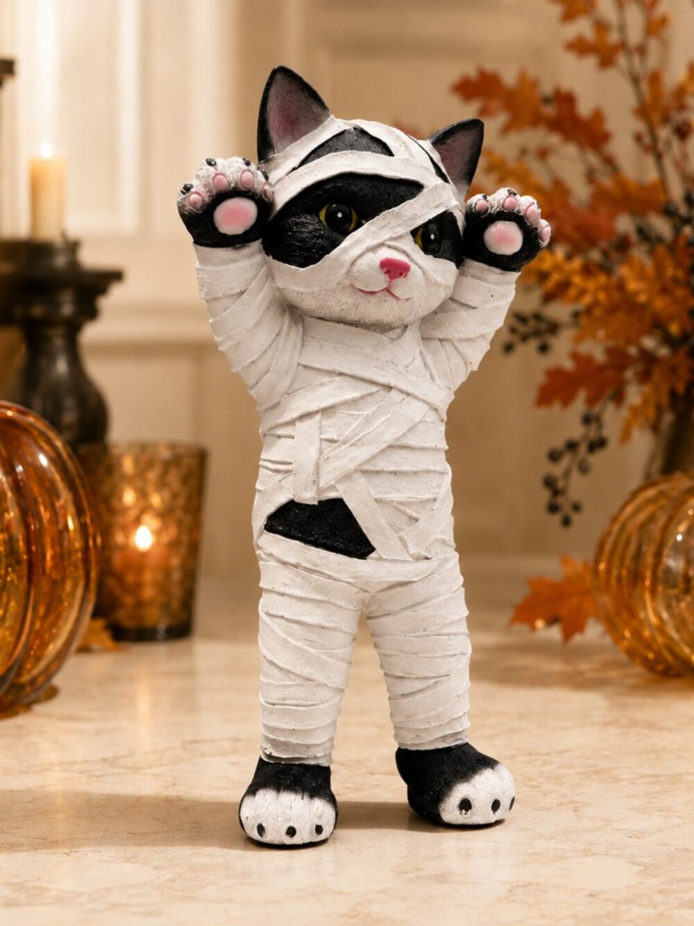 Halloween Mummy Black Cat Figurine 12in Resin Candy Corn Lane NWT